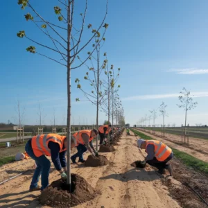 Une-équipe-de-paysagistes-en-train-de-planter-des-arbres.